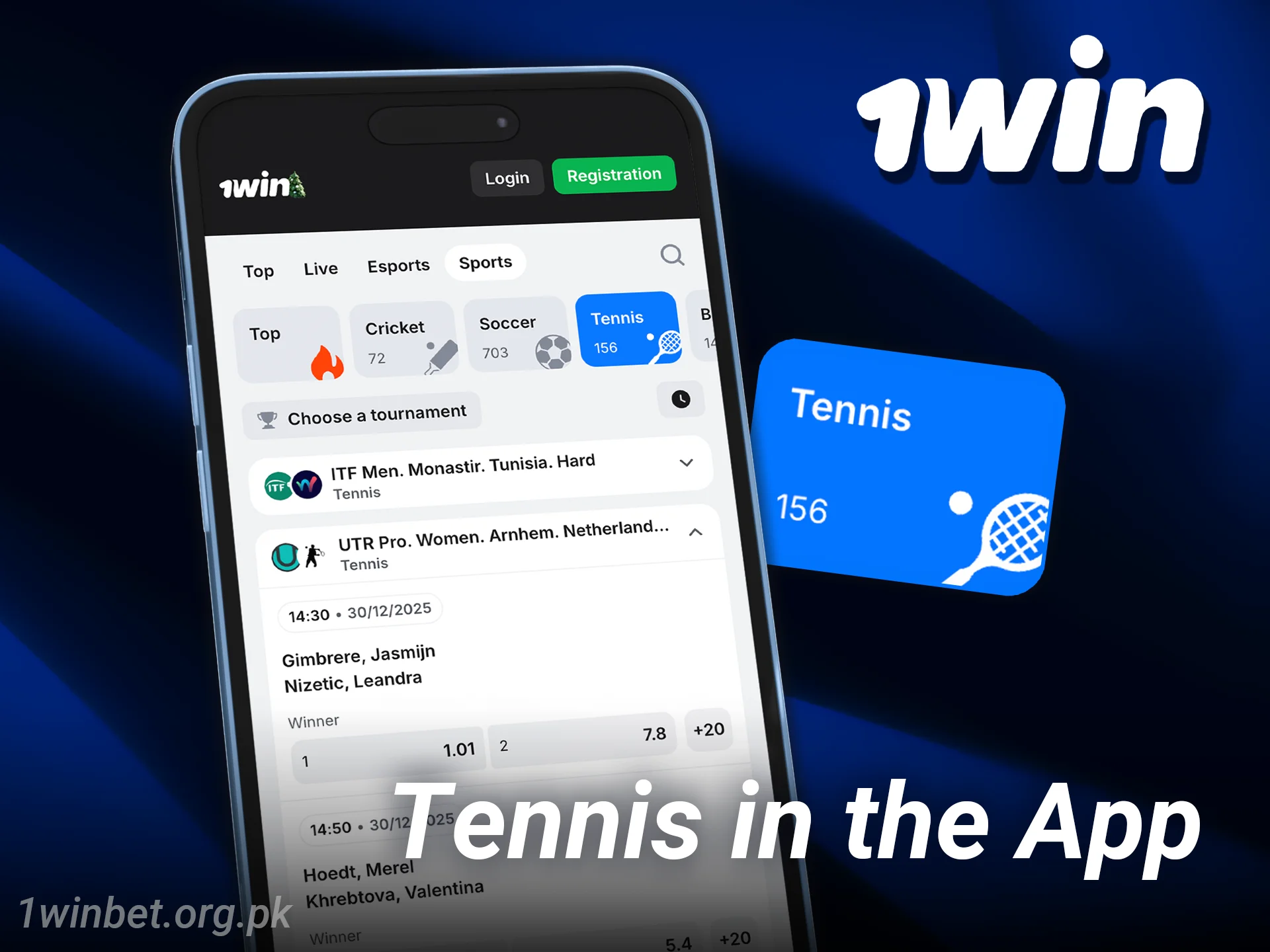 Bet on tennis matches with the 1win casino mobile app.