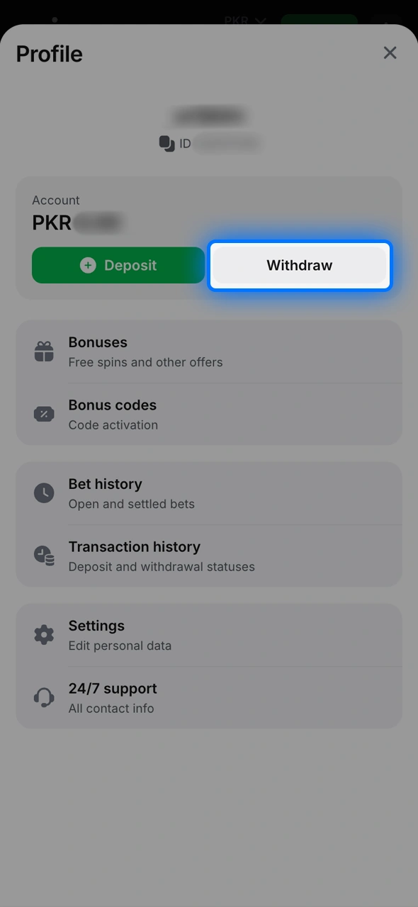 Open Cashier and choose the 1win withdraw option.