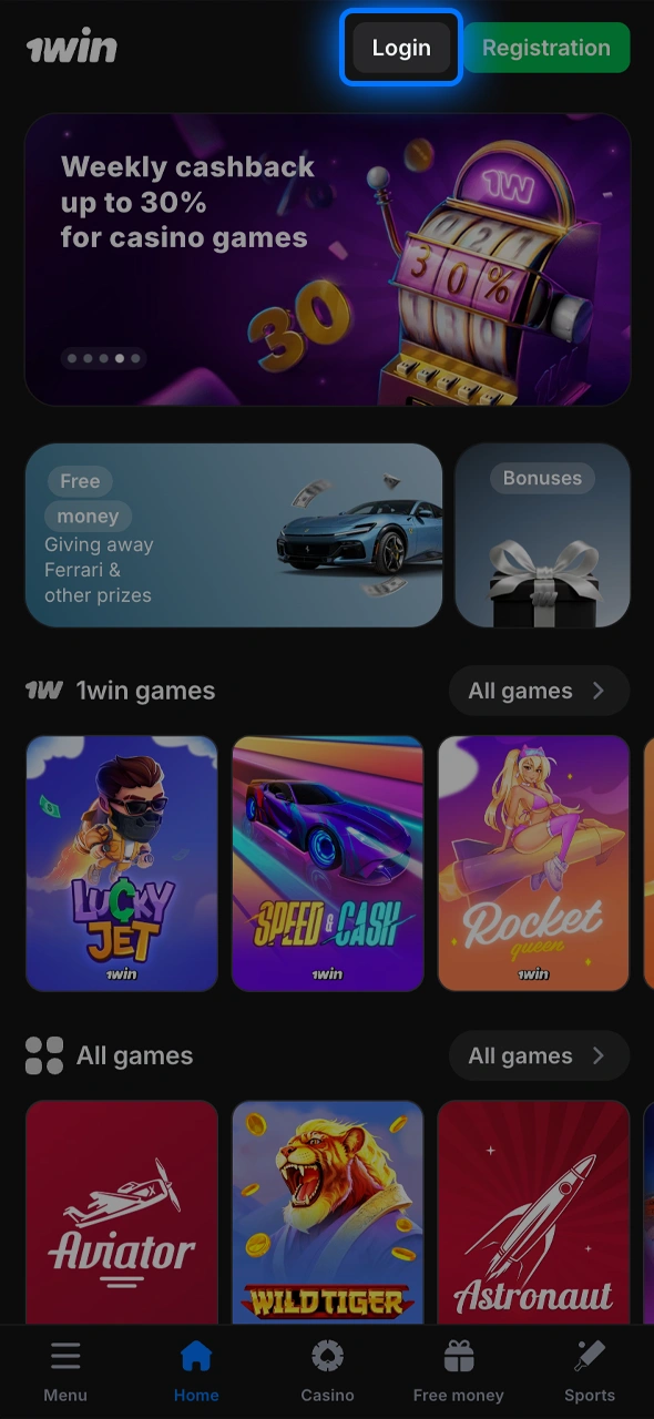 Sign in on the 1win site or app.